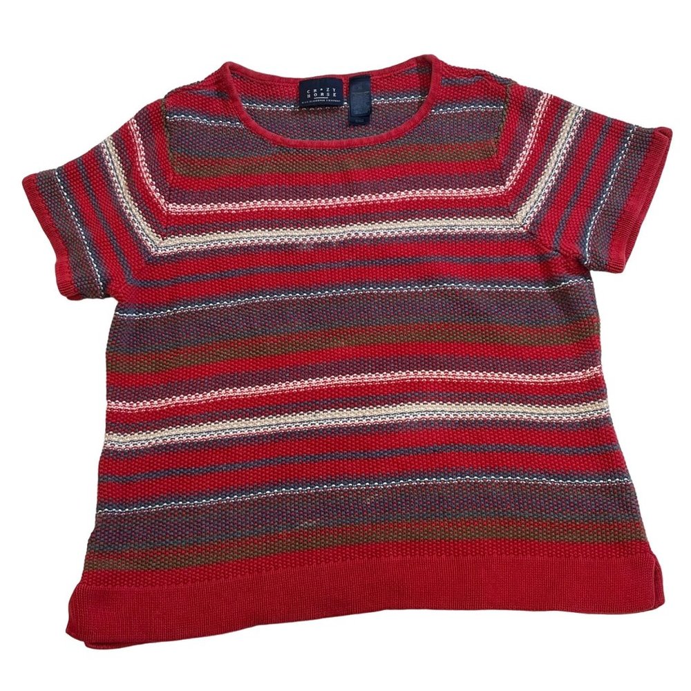 Vintage Liz Claiborne Crazy Horse Short Sleeve Knit Top Red Striped Womes XL